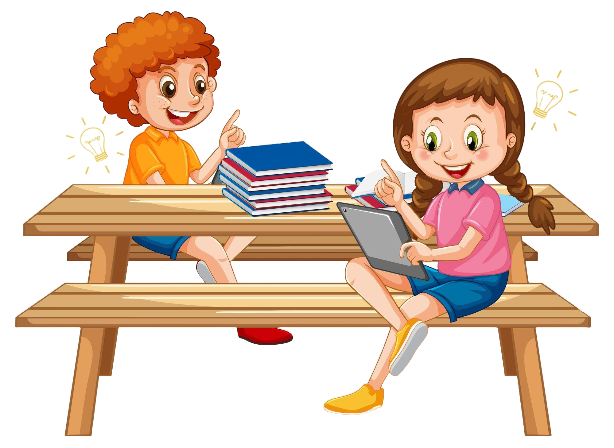 Two students studying together at a picnic table, one using a tablet and the other with a stack of books, symbolizing learning at Einstein's Academy in Coimbatore